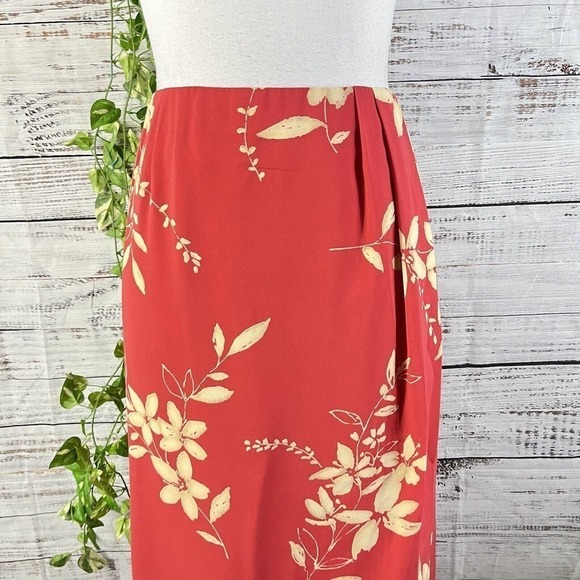 Judith Hart Skirt size 12 Coral Tan Floral Tropical Faux Wrap Pencil Knee Hawaii - Picture 3 of 14